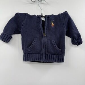 Baby‎ Boys Ralph Lauren Navy Blue Polo Bear Knit Zip Up Hoodie Sweater 9M